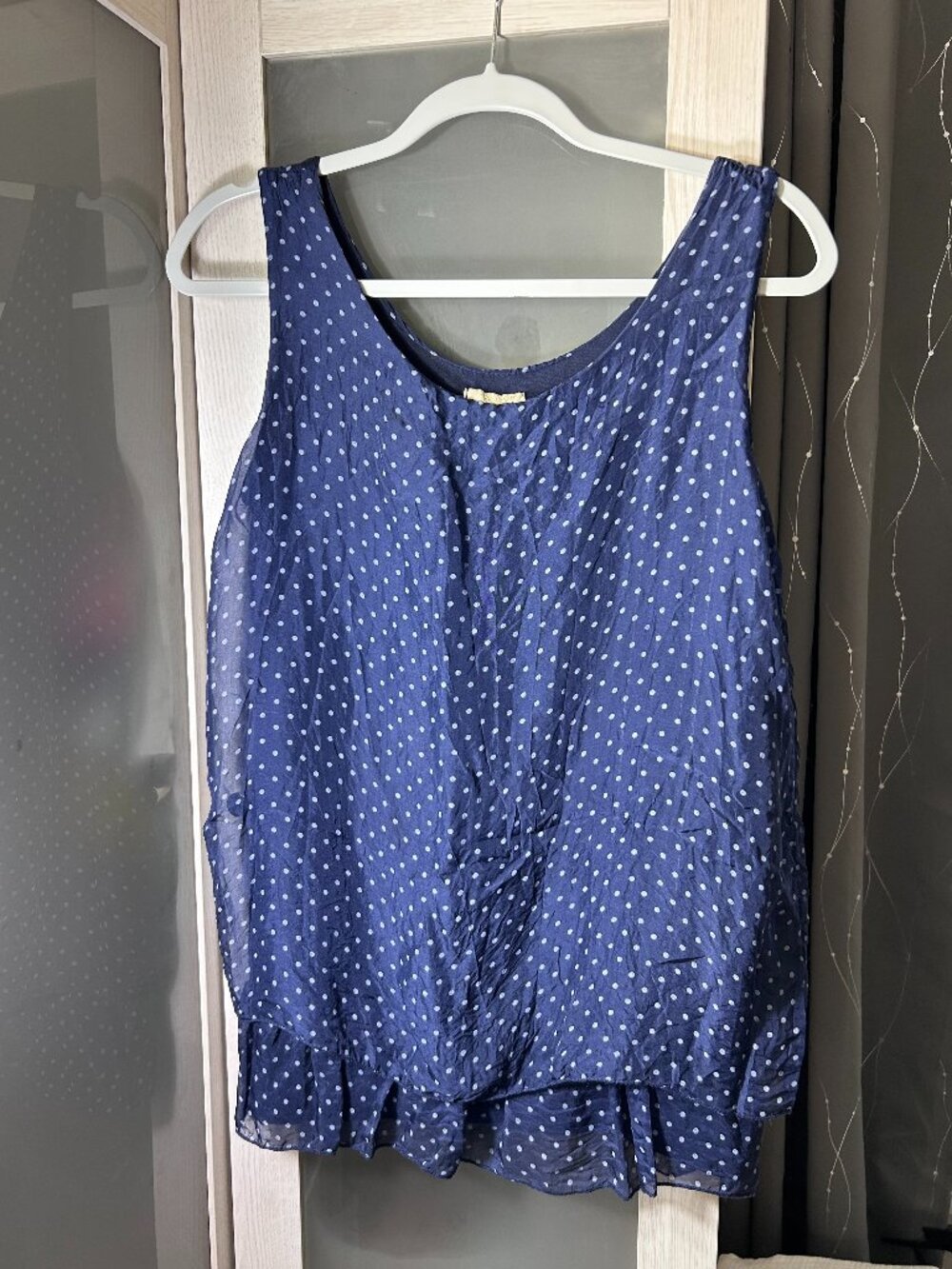 100% Silk Polka Dot Sleeveless Bubble Top with Ruffle Trim — Medium